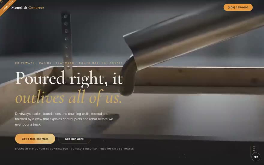 A Trade Studio demonstration website for a concrete contractor.